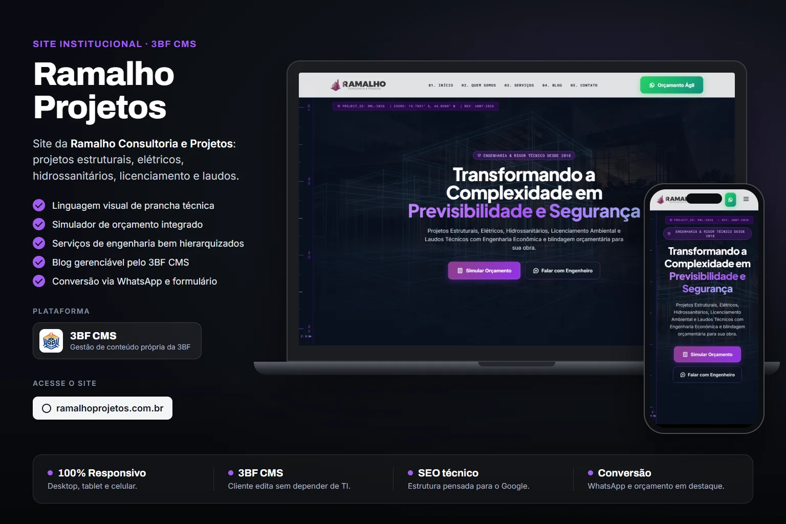 Site institucional da Ramalho Consultoria e Projetos exibido em notebook e celular